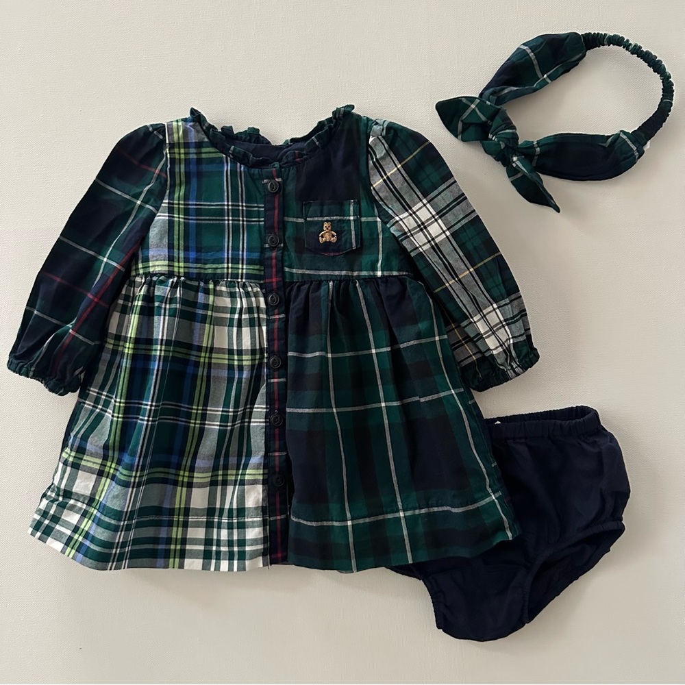 GAP Baby Girl 3-6 Months Plaid Dress Headband Set Outfit Holiday Christmas